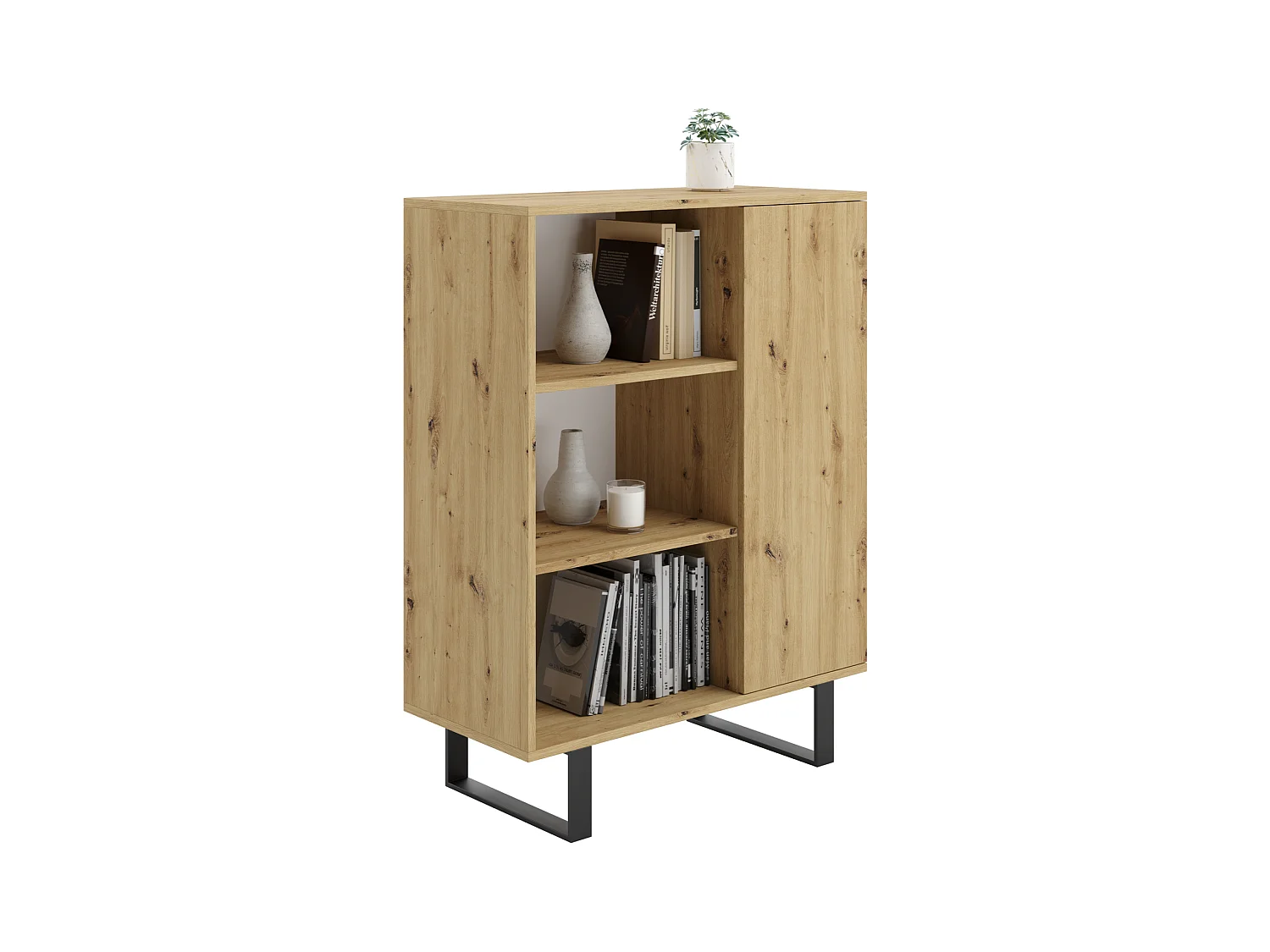 Librería Color Roble artesanal 90x116x40 cm – Estilo Escandinavo con 3 Estantes, 1 Puerta y Patas Metálicas