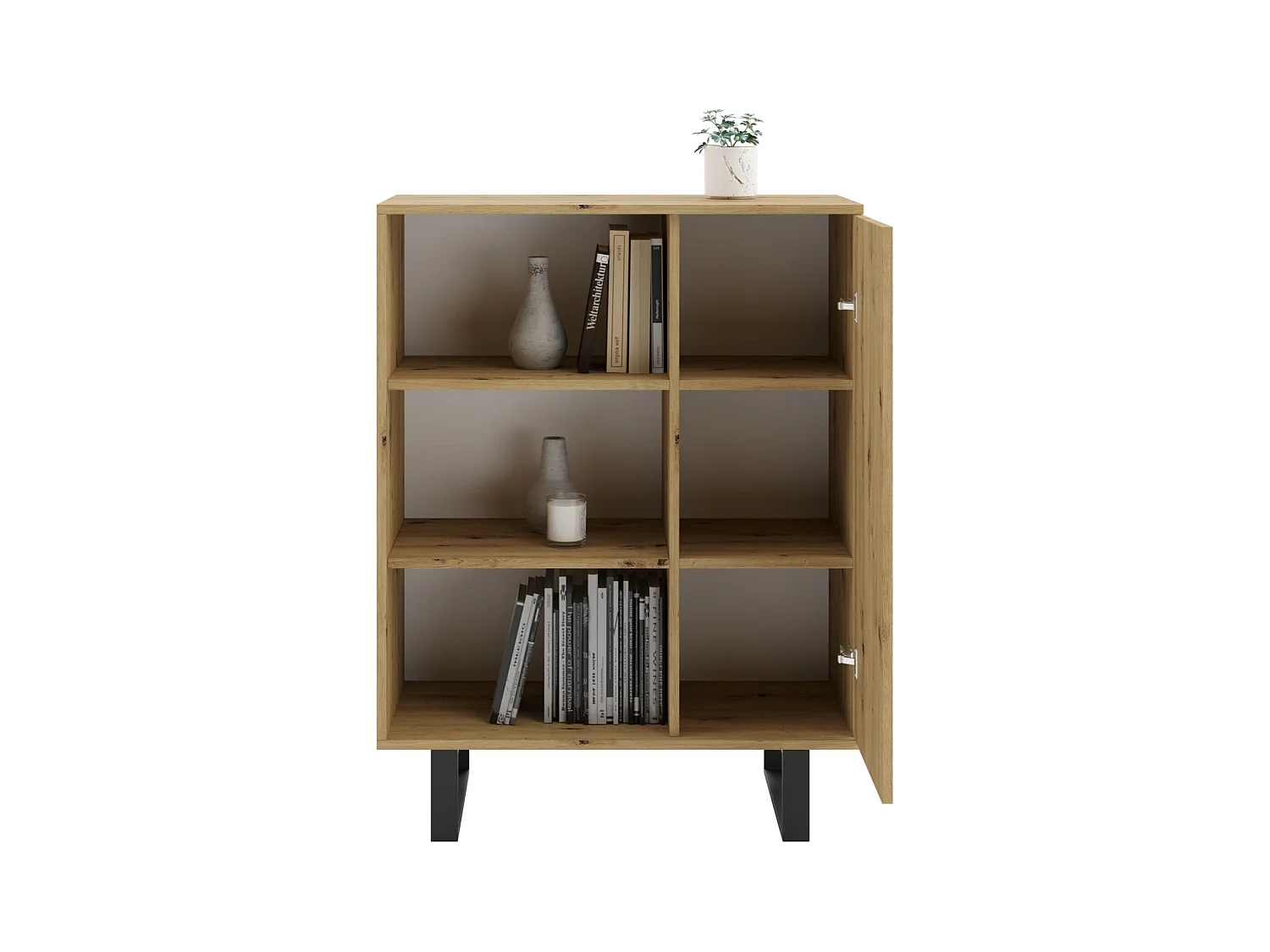 Librería Color Roble artesanal 90x116x40 cm – Estilo Escandinavo con 3 Estantes, 1 Puerta y Patas Metálicas