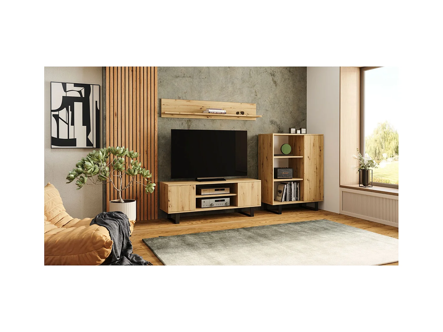 Librería Color Roble artesanal 90x116x40 cm – Estilo Escandinavo con 3 Estantes, 1 Puerta y Patas Metálicas