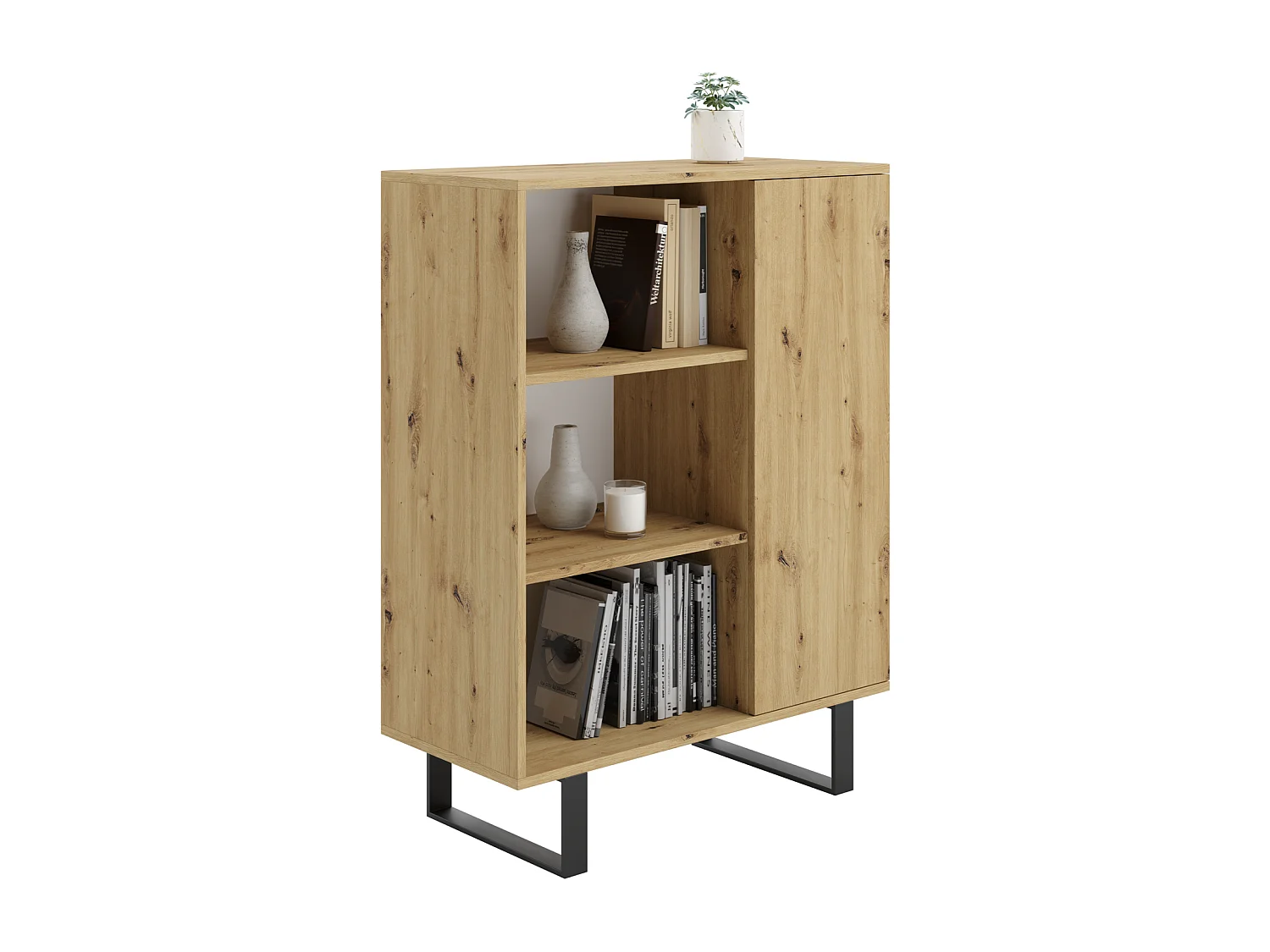 Librería Color Roble artesanal 90x116x40 cm – Estilo Escandinavo con 3 Estantes, 1 Puerta y Patas Metálicas