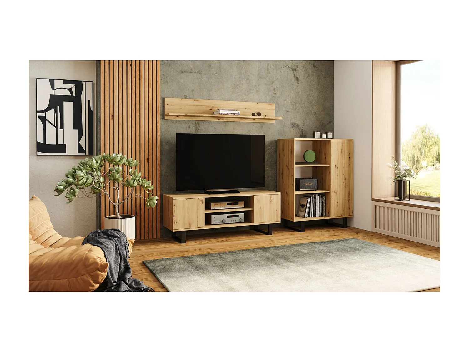 Librería Color Roble artesanal 90x116x40 cm – Estilo Escandinavo con 3 Estantes, 1 Puerta y Patas Metálicas