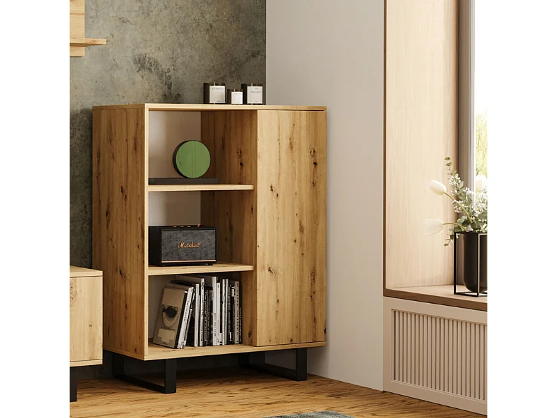 Librería Color Roble artesanal 90x116x40 cm – Estilo Escandinavo con 3 Estantes, 1 Puerta y Patas Metálicas