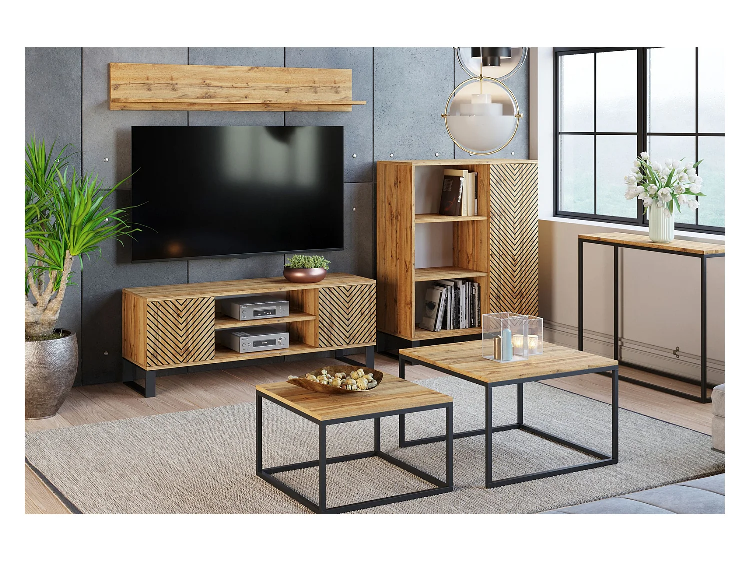 Librería Color Roble artesanal con decoración en espiga  90x116x40 cm – Estilo Escandinavo con 3 Estantes, 1 Puerta y Patas Metálicas