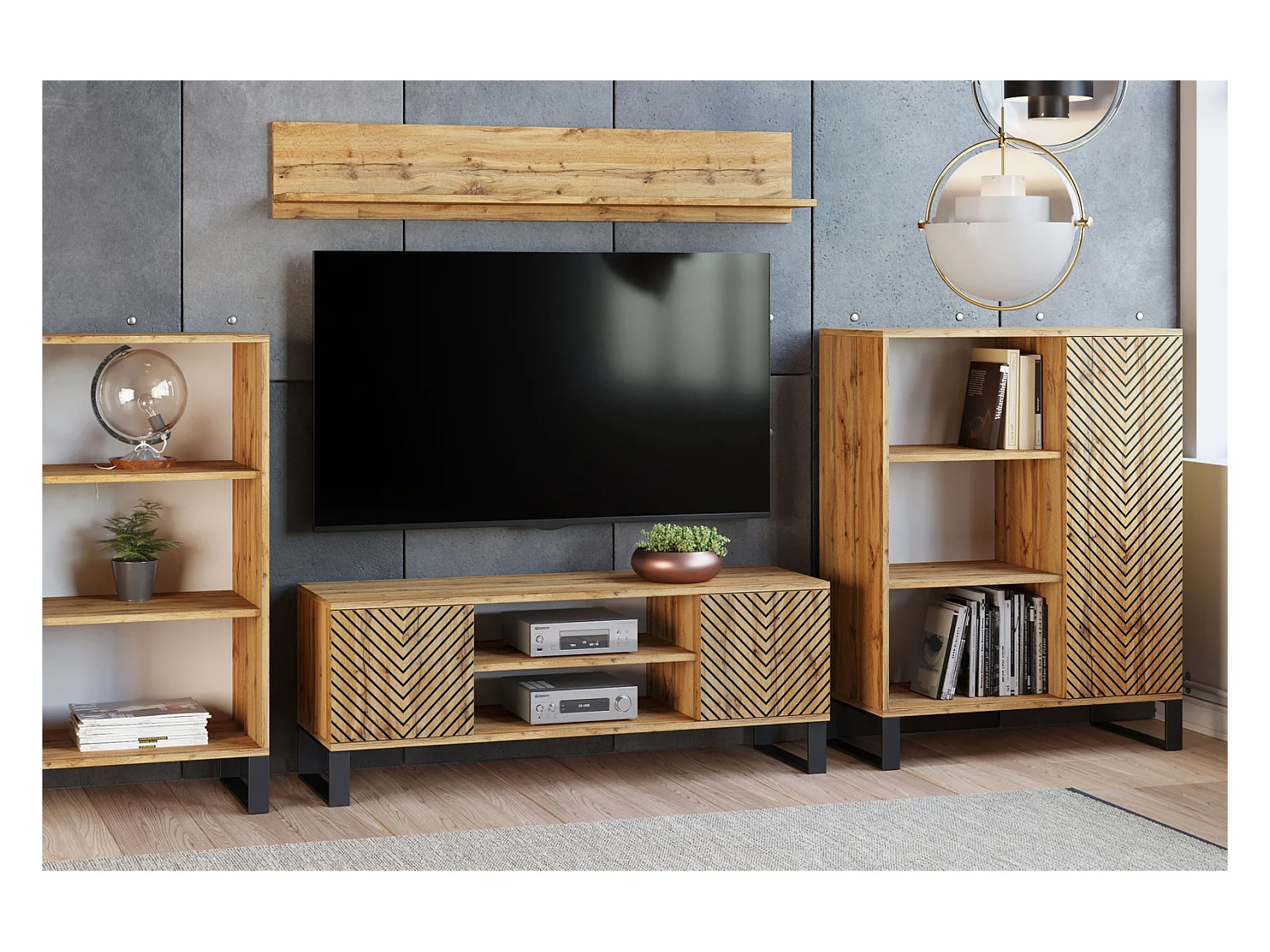 Librería Color Roble artesanal con decoración en espiga  90x116x40 cm – Estilo Escandinavo con 3 Estantes, 1 Puerta y Patas Metálicas