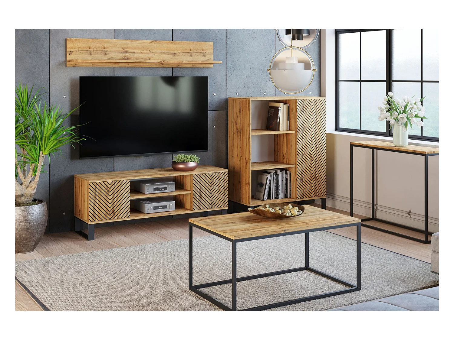 Librería Color Roble artesanal con decoración en espiga  90x116x40 cm – Estilo Escandinavo con 3 Estantes, 1 Puerta y Patas Metálicas