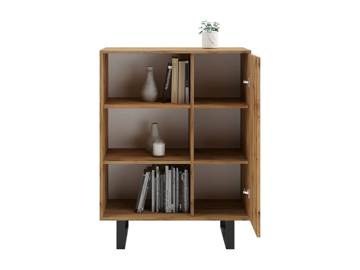 Librería Color Roble artesanal con decoración en espiga  90x116x40 cm – Estilo Escandinavo con 3 Estantes, 1 Puerta y Patas Metálicas