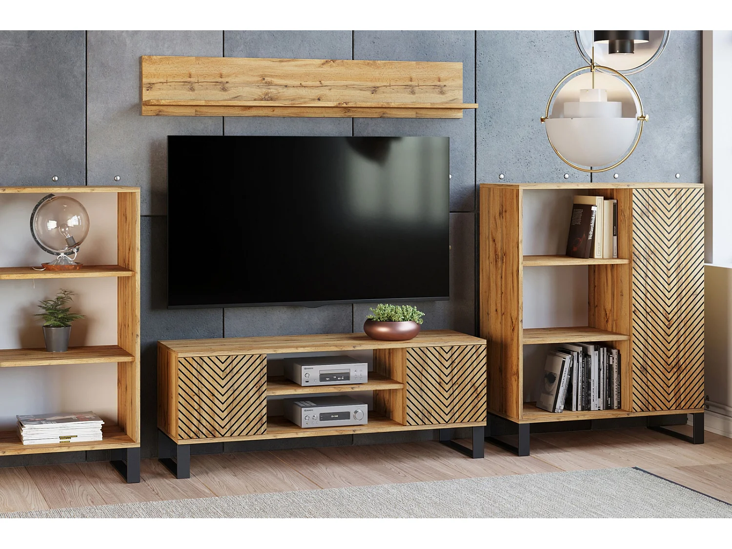 Librería Color Roble artesanal con decoración en espiga  90x116x40 cm – Estilo Escandinavo con 3 Estantes, 1 Puerta y Patas Metálicas