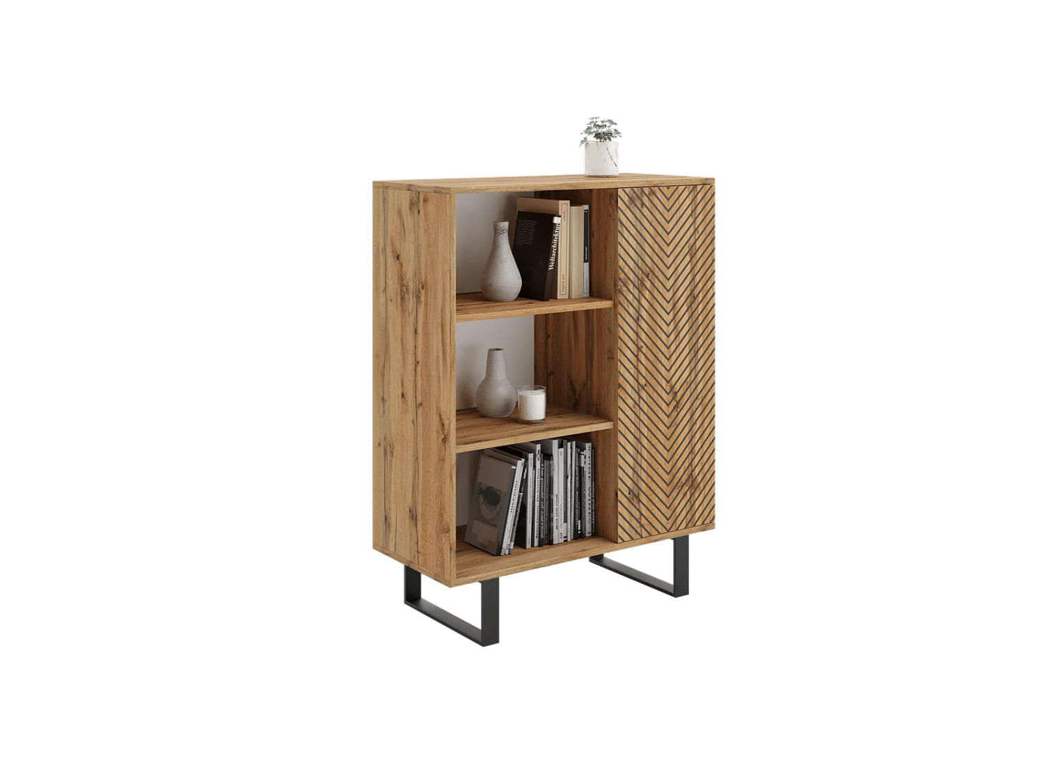 Librería Color Roble artesanal con decoración en espiga  90x116x40 cm – Estilo Escandinavo con 3 Estantes, 1 Puerta y Patas Metálicas