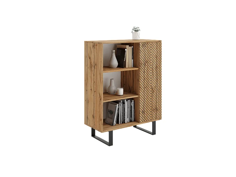 Librería Color Roble artesanal con decoración en espiga  90x116x40 cm – Estilo Escandinavo con 3 Estantes, 1 Puerta y Patas Metálicas