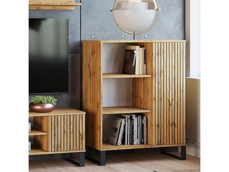 Librería Color Roble Dorado con decoración en Láminas  90x116x40 cm – Estilo Escandinavo con 3 Estantes, 1 Puerta y Patas Metálicas