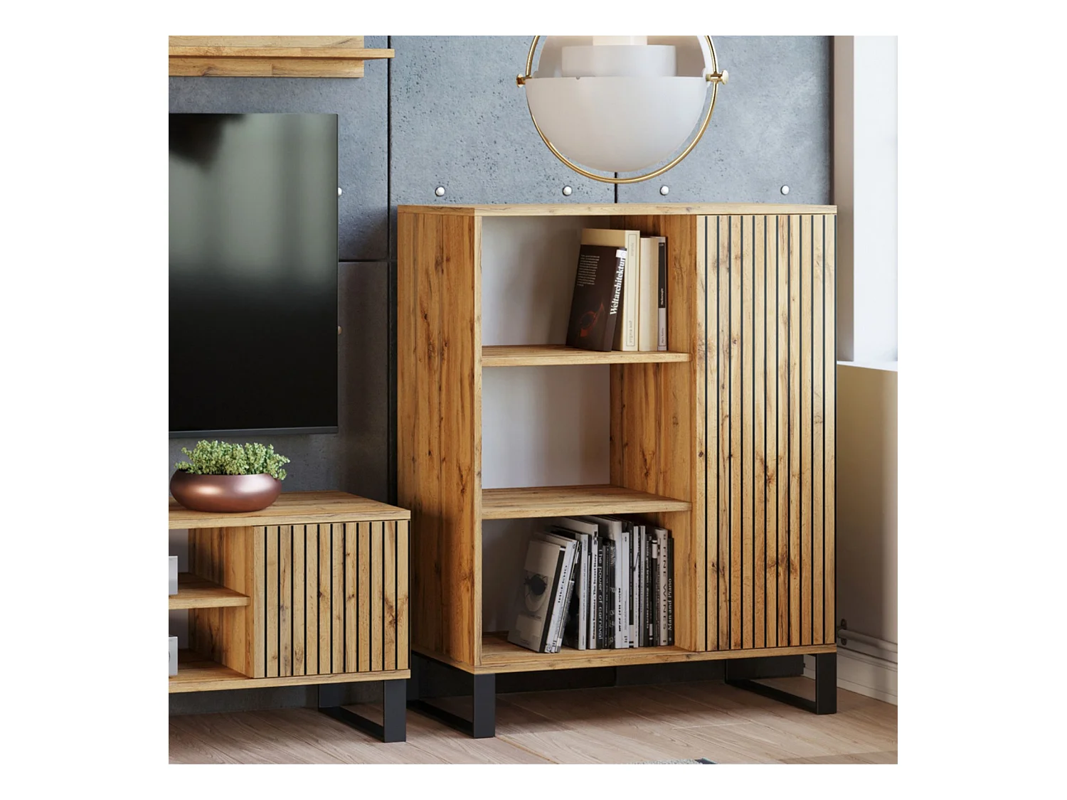 Librería Color Roble Dorado con decoración en Láminas  90x116x40 cm – Estilo Escandinavo con 3 Estantes, 1 Puerta y Patas Metálicas