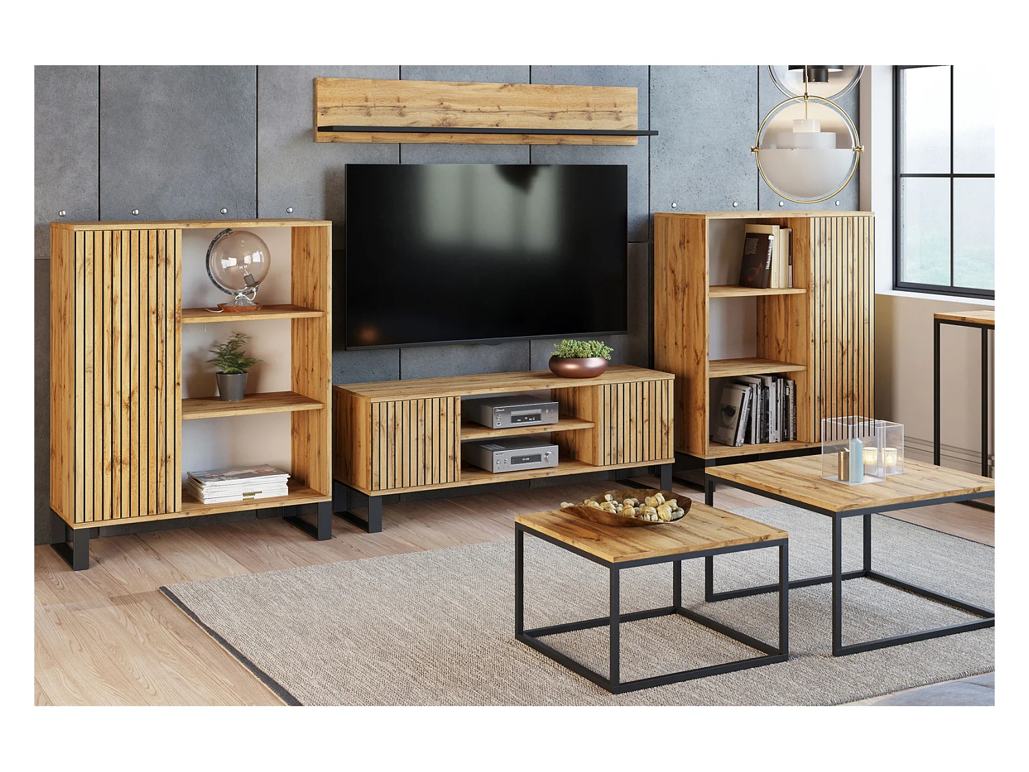 Librería Color Roble Dorado con decoración en Láminas  90x116x40 cm – Estilo Escandinavo con 3 Estantes, 1 Puerta y Patas Metálicas