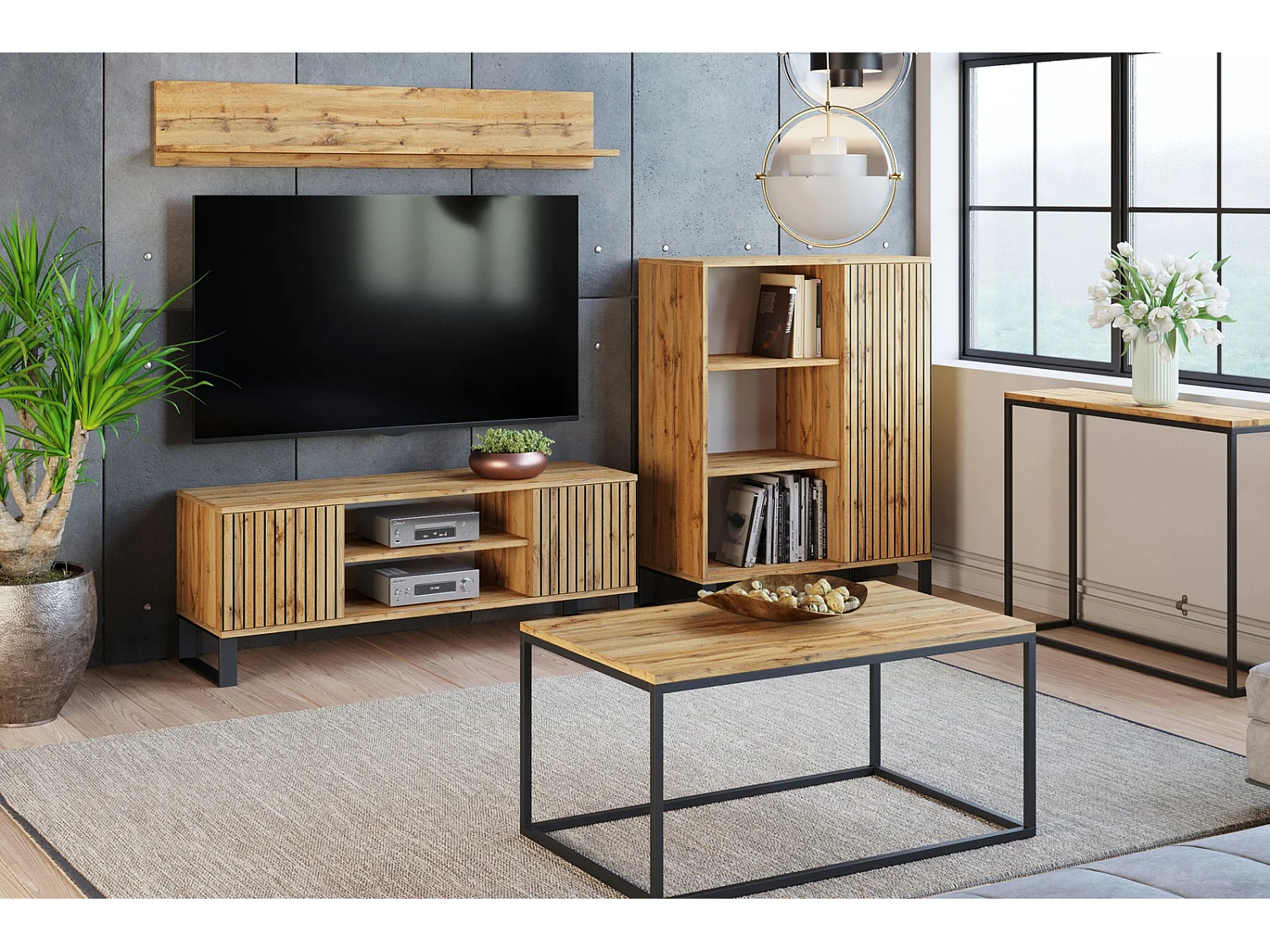 Librería Color Roble Dorado con decoración en Láminas  90x116x40 cm – Estilo Escandinavo con 3 Estantes, 1 Puerta y Patas Metálicas