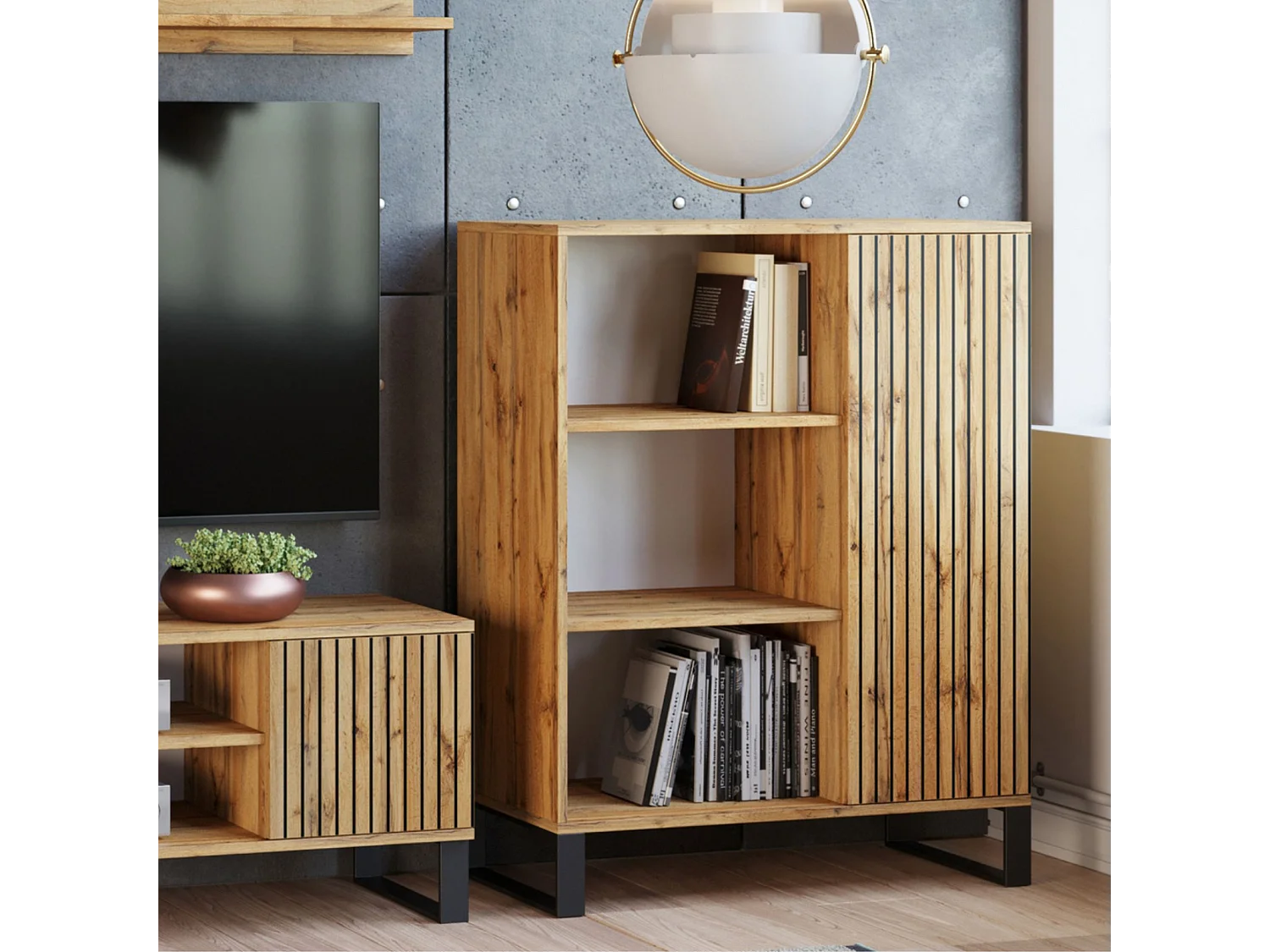 Librería Color Roble Dorado con decoración en Láminas  90x116x40 cm – Estilo Escandinavo con 3 Estantes, 1 Puerta y Patas Metálicas