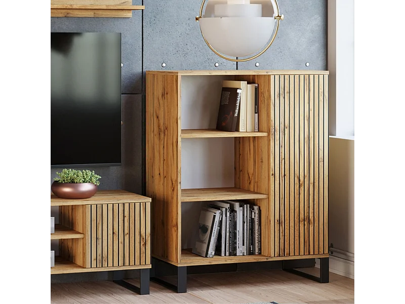 Librería Color Roble Dorado con decoración en Láminas  90x116x40 cm – Estilo Escandinavo con 3 Estantes, 1 Puerta y Patas Metálicas