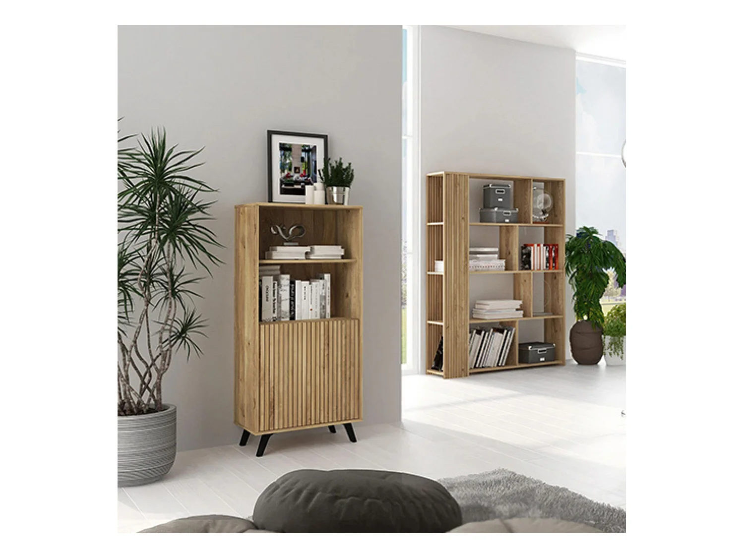 Estantería Decorativa, Librería, Separador Ambientes, Acabado en Mauvella-rayas, Medidas: 174 cm (Alto) x 129 cm (Ancho) x 32,8 cm (Fondo) – Meyvaser