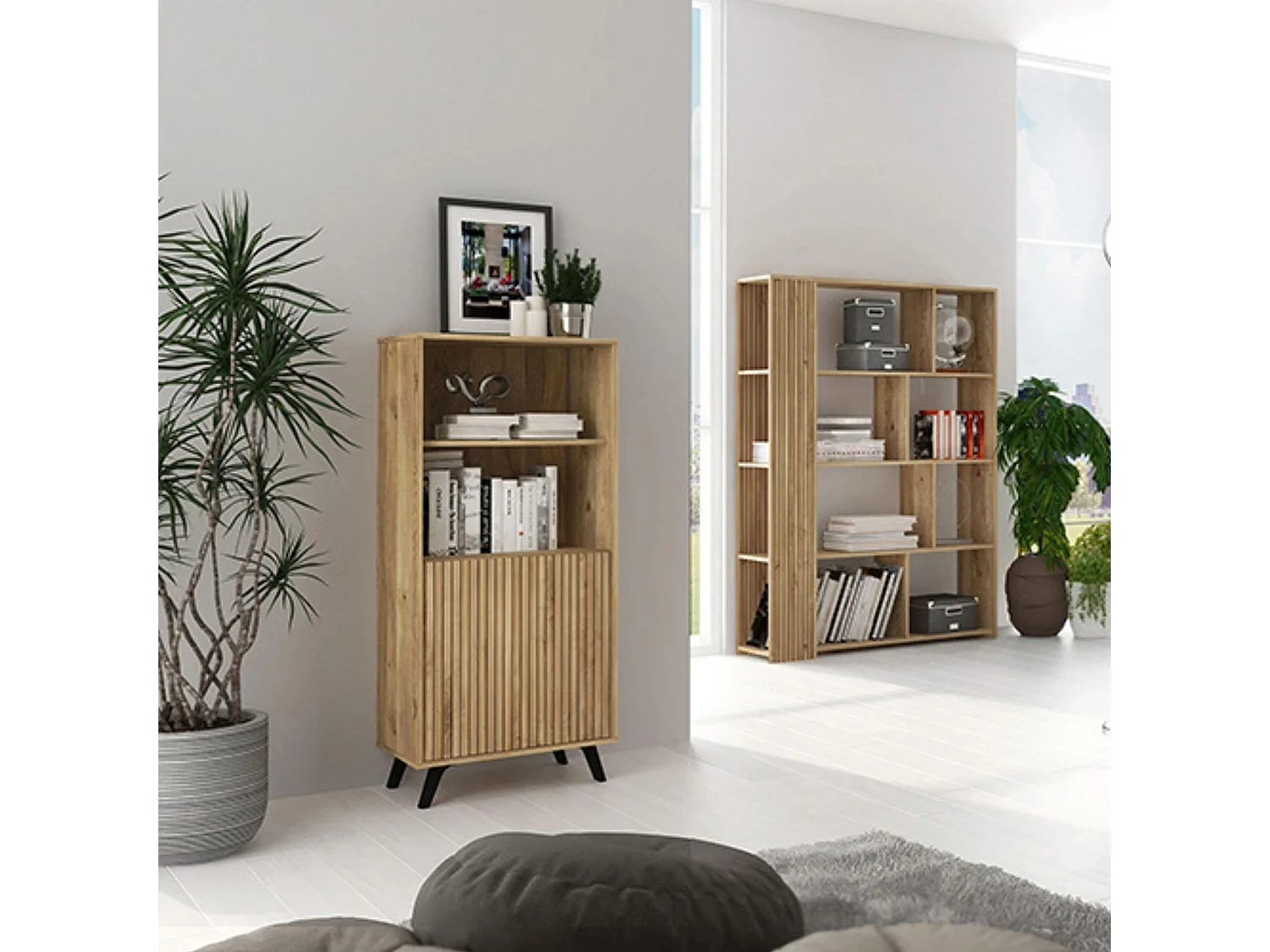 Estantería Decorativa, Librería, Separador Ambientes, Acabado en Mauvella-rayas, Medidas: 174 cm (Alto) x 129 cm (Ancho) x 32,8 cm (Fondo) – Meyvaser