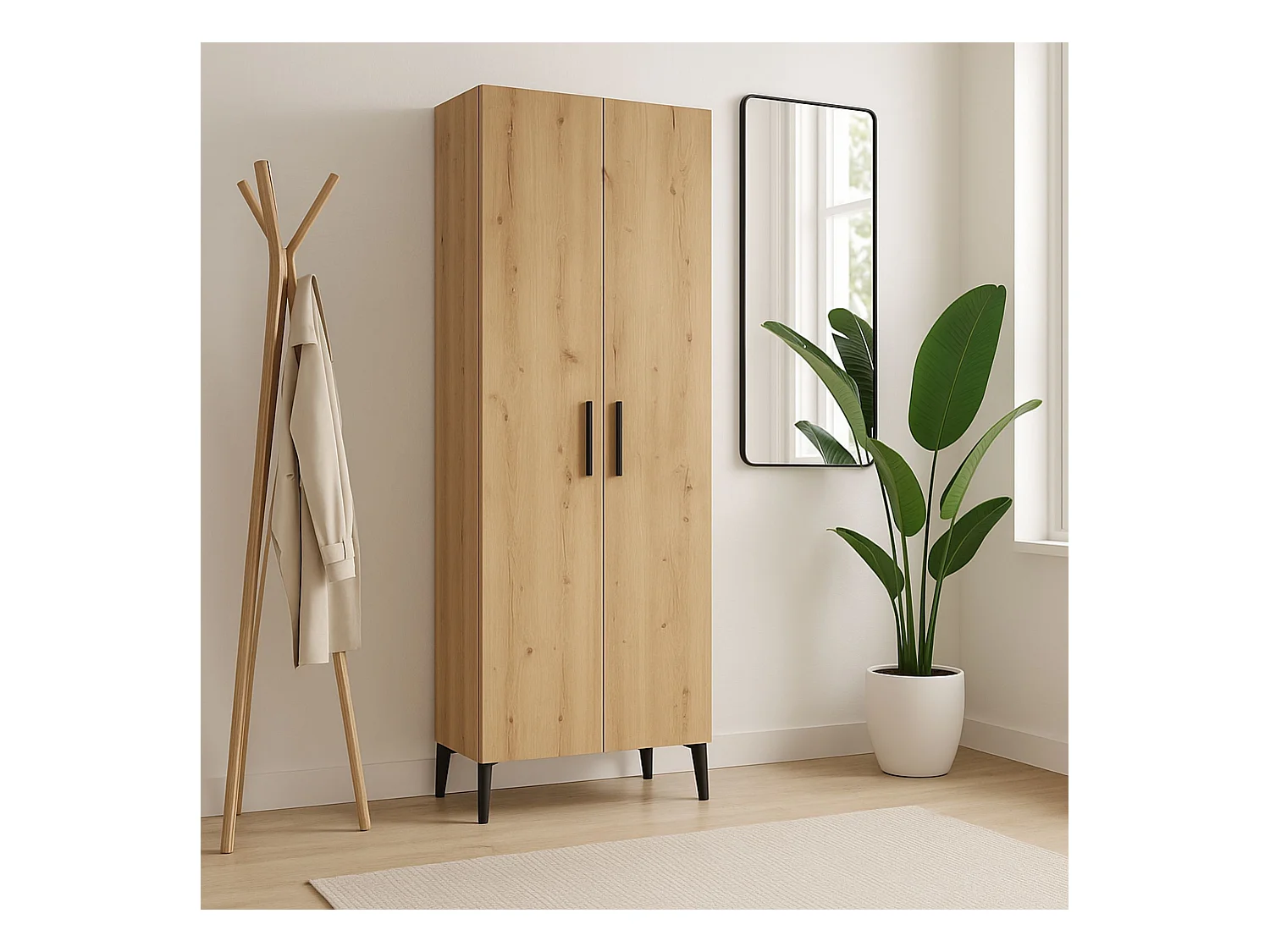 Zapatero de 2 Puertas – 68x35x195 cm, Color Roble Artisan y Blanco Interior, con 5 Baldas Regulables, Patas Altas y Tiradores Negros, Laminado Resiste