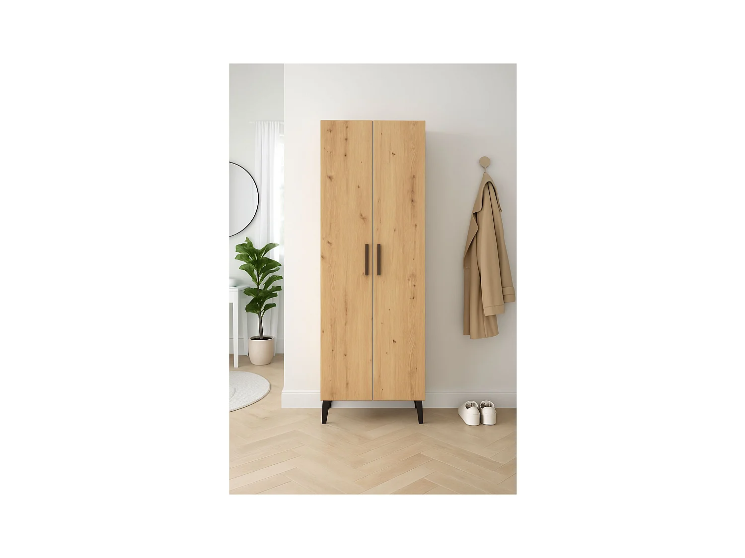 Zapatero de 2 Puertas – 68x35x195 cm, Color Roble Artisan y Blanco Interior, con 5 Baldas Regulables, Patas Altas y Tiradores Negros, Laminado Resiste