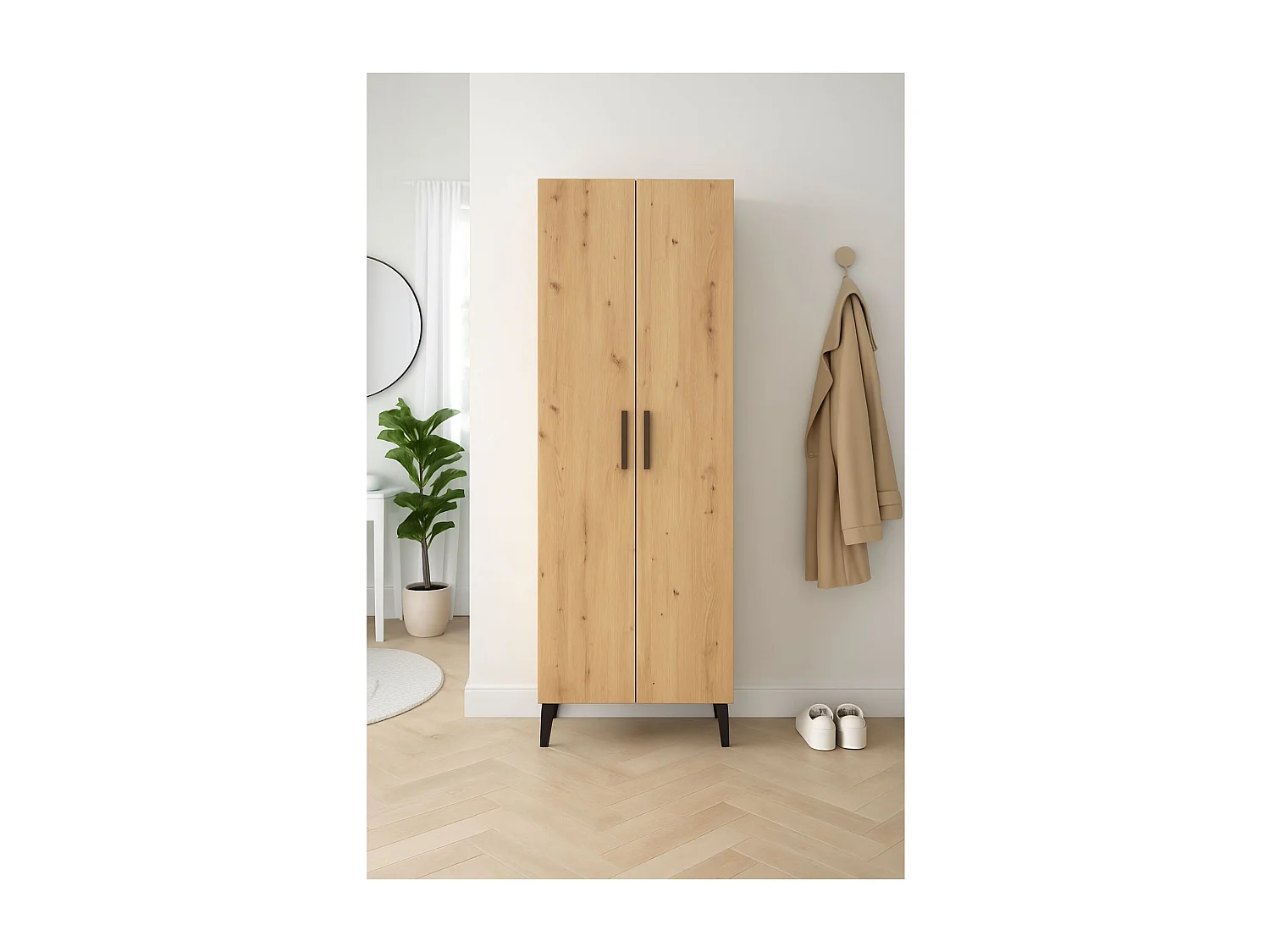 Zapatero de 2 Puertas – 68x35x195 cm, Color Roble Artisan y Blanco Interior, con 5 Baldas Regulables, Patas Altas y Tiradores Negros, Laminado Resiste