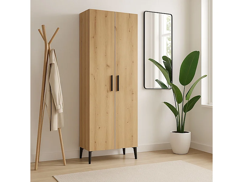 Zapatero de 2 Puertas – 68x35x195 cm, Color Roble Artisan y Blanco Interior, con 5 Baldas Regulables, Patas Altas y Tiradores Negros, Laminado Resiste