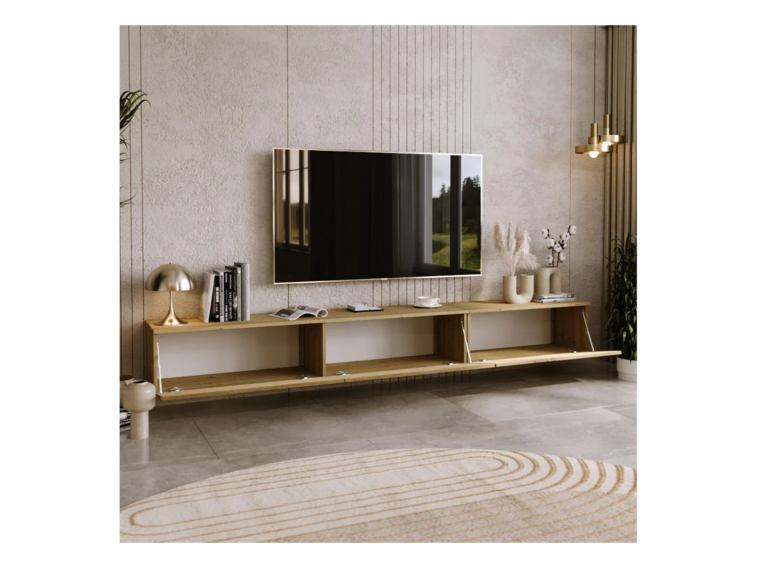 Mueble TV Roble Craft – Montaje Dual (Pared o Suelo) – 80x30x32 cm – Apertura TIP-ON – Estilo Moderno