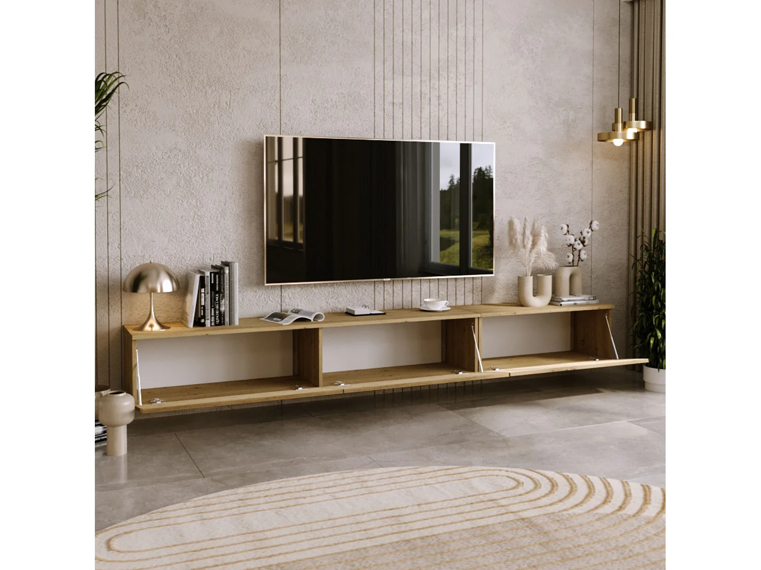 Mueble TV Roble Craft – Montaje Dual (Pared o Suelo) – 80x30x32 cm – Apertura TIP-ON – Estilo Moderno