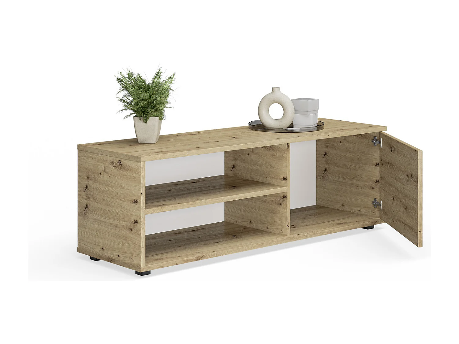 Mueble de TV Color Roble Artesano 110 cm – 2 Estantes Abiertos y 1 Puerta – Diseño Compacto y Moderno