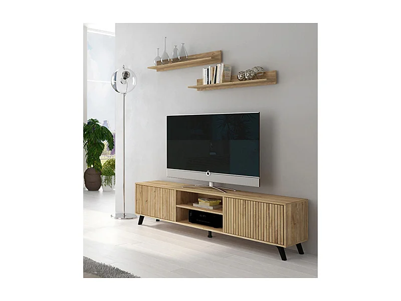 Mueble de TV  + 2 Estantes, 2 Compartimentos de Almacenamiento y 2 Puertas,Mauvella - Rayas, 49cm(Alto)x 180cm (Ancho) x 40cm (Fondo)