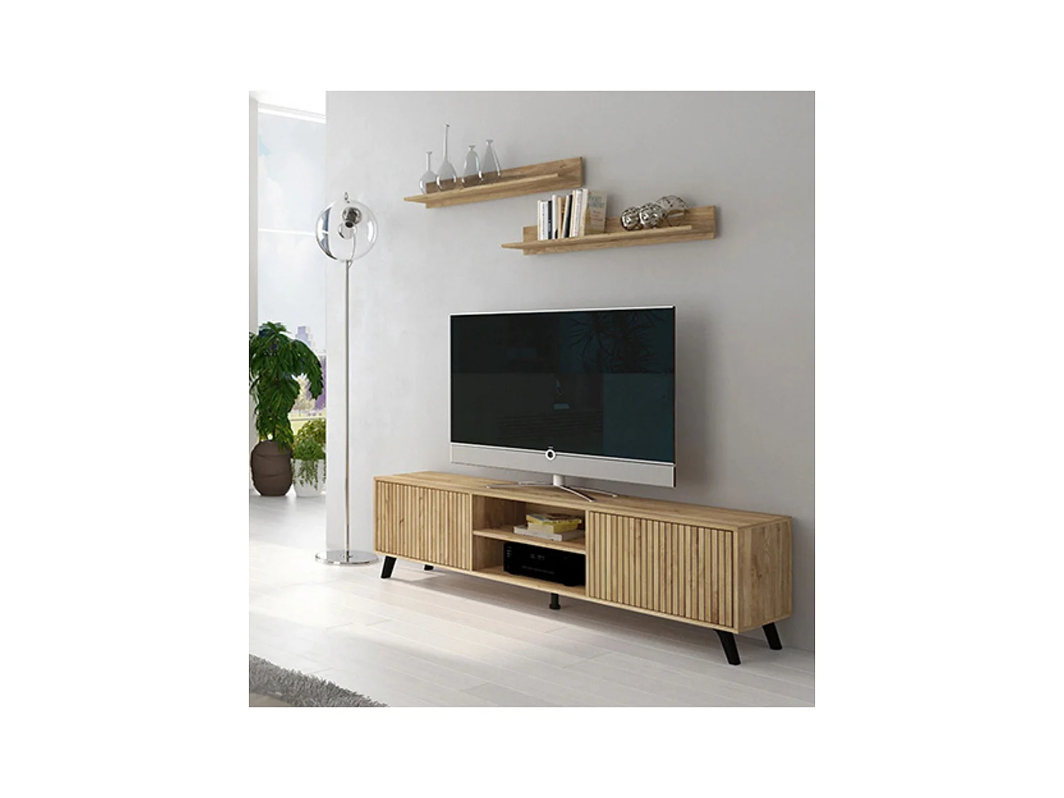 Mueble de TV  + 2 Estantes, 2 Compartimentos de Almacenamiento y 2 Puertas,Mauvella - Rayas, 49cm(Alto)x 180cm (Ancho) x 40cm (Fondo)