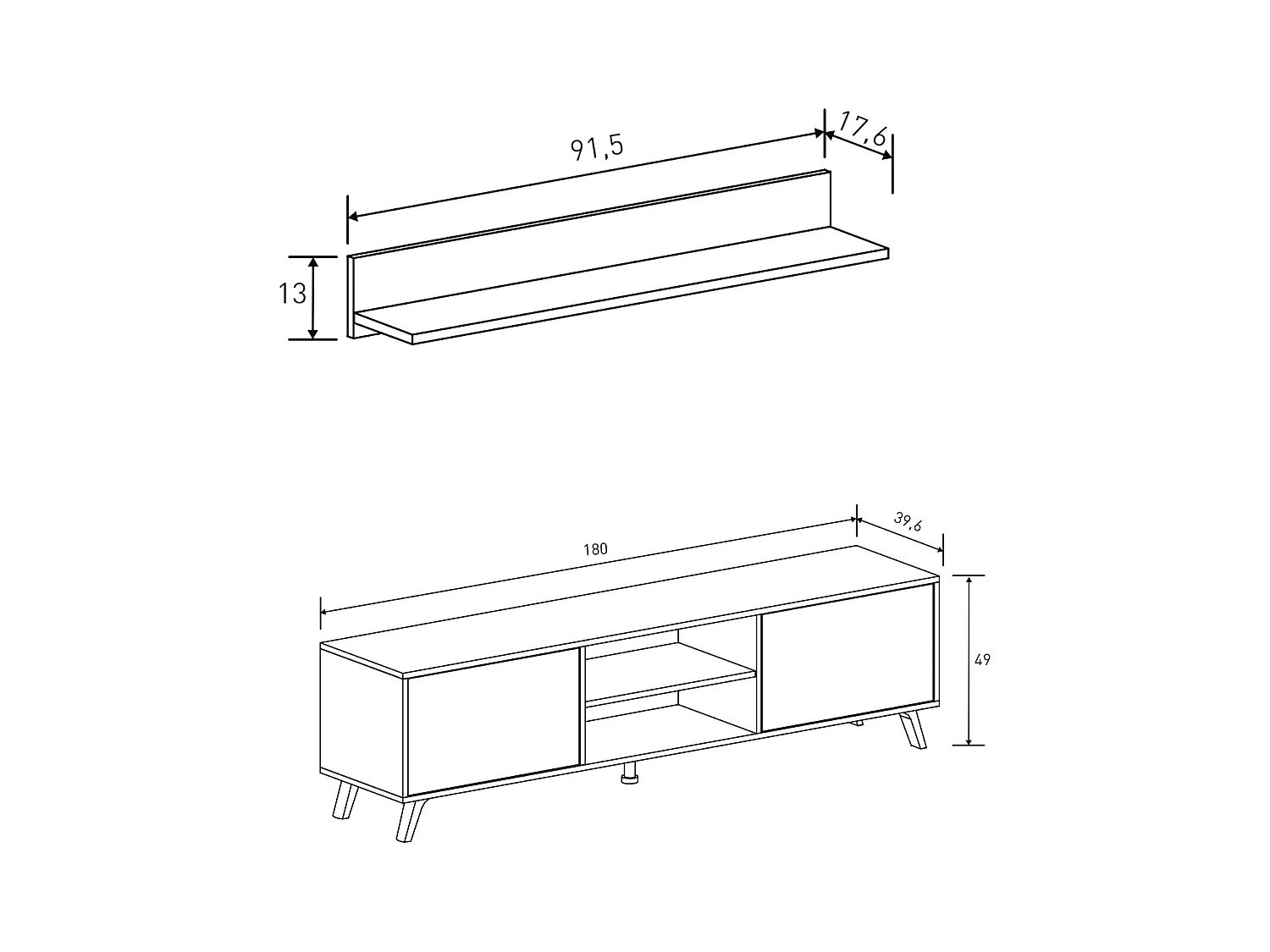 Mueble de TV  + 2 Estantes, 2 Compartimentos de Almacenamiento y 2 Puertas,Mauvella - Rayas, 49cm(Alto)x 180cm (Ancho) x 40cm (Fondo)