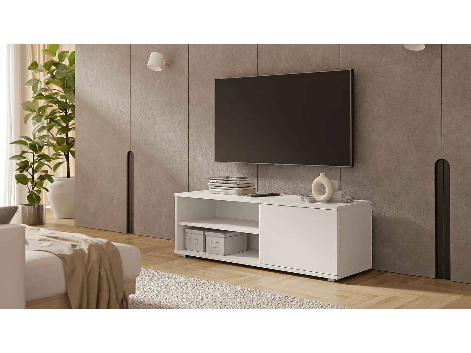 Mueble de TV Blanco 110 cm – 2 Estantes Abiertos y 1 Puerta – Diseño Compacto y Moderno