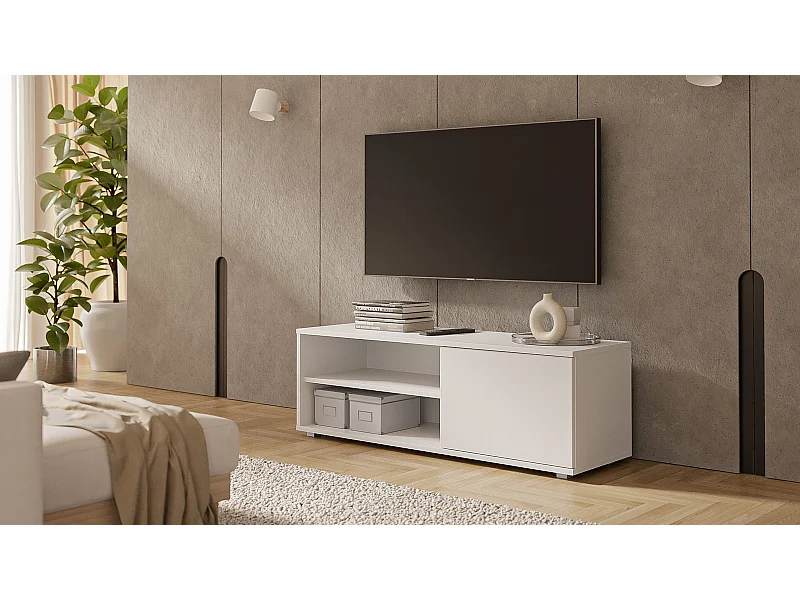 Mueble de TV Blanco 110 cm – 2 Estantes Abiertos y 1 Puerta – Diseño Compacto y Moderno