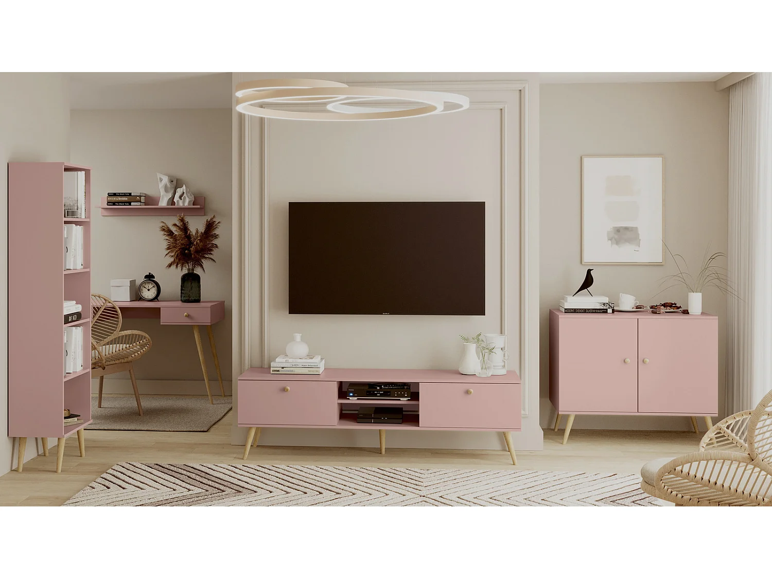 Mueble de Televisión Estilo Nórdico – Color Rosa, 170x50x41 cm – Funcional y Elegante