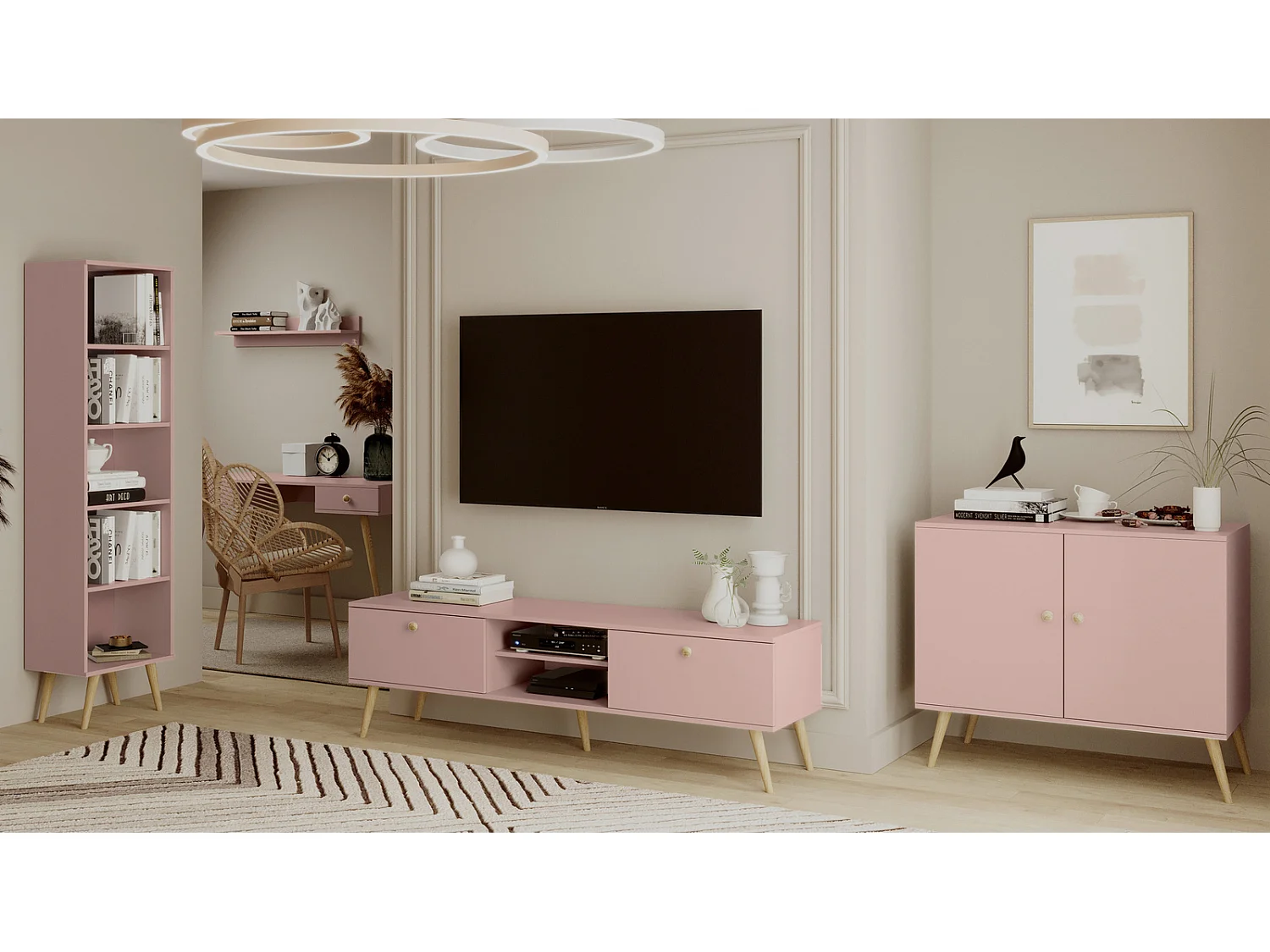 Mueble de Televisión Estilo Nórdico – Color Rosa, 170x50x41 cm – Funcional y Elegante