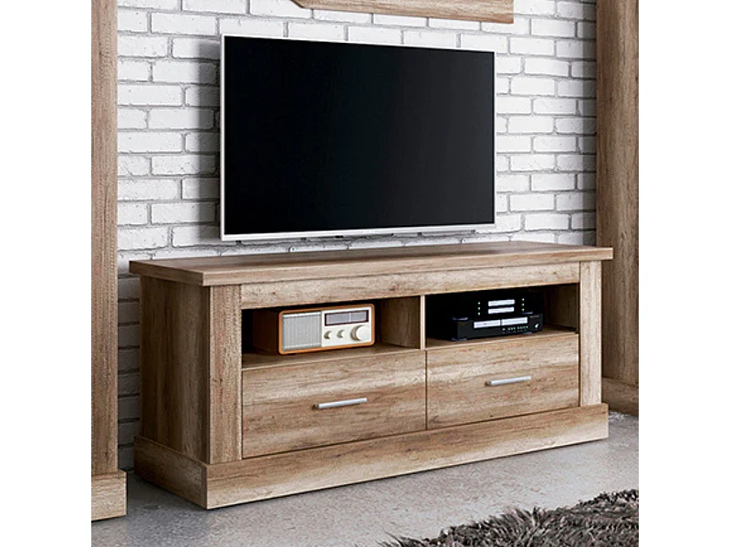 Mueble TV, Mueble de Salón Moderno, Mesa de televisión 2 Puertas y 2 Estantes, Acabado en Color Cañón, Patas de Madera,  135 cm Lar x 56,6 cm Al x 41,