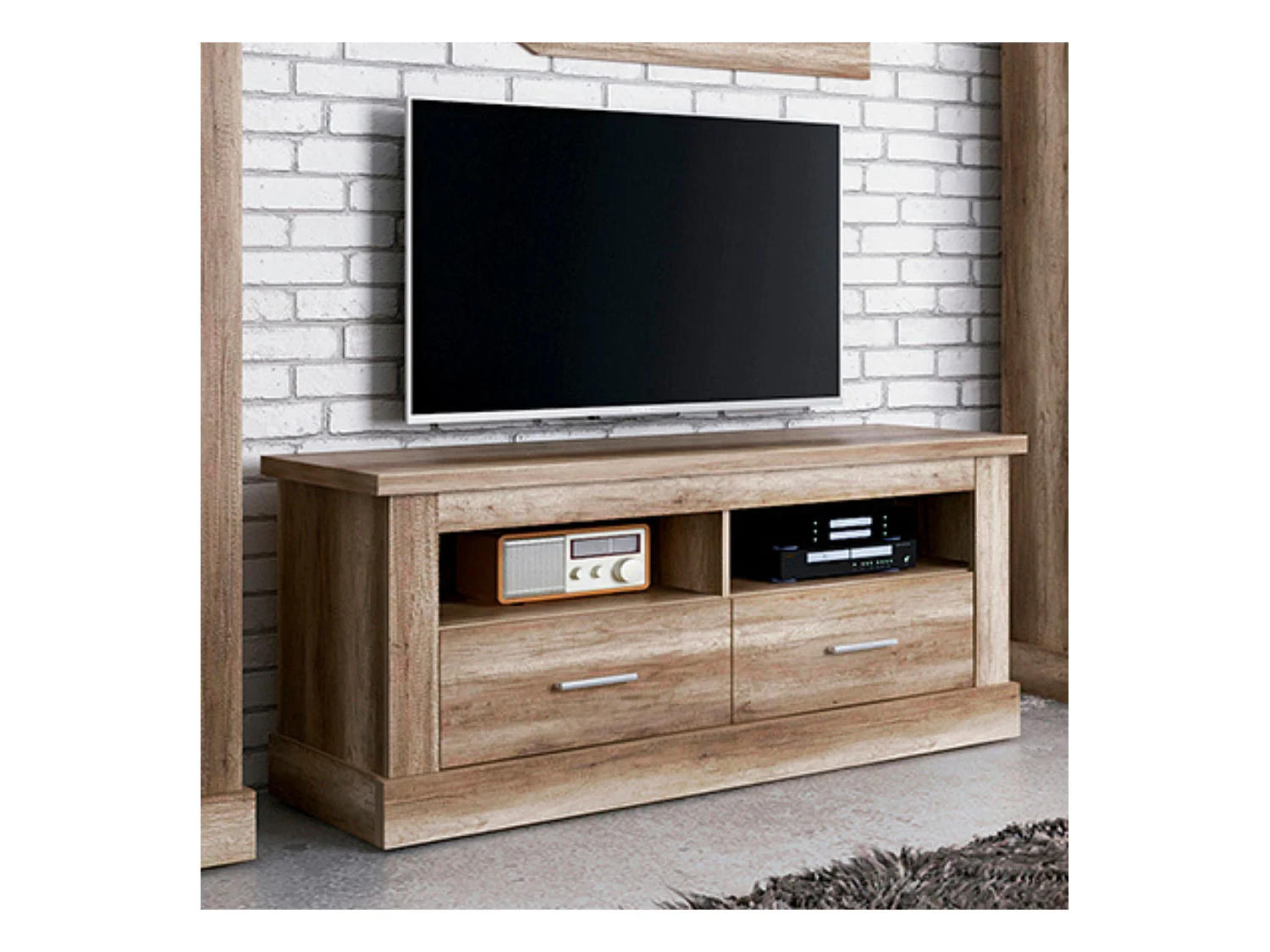 Mueble TV, Mueble de Salón Moderno, Mesa de televisión 2 Puertas y 2 Estantes, Acabado en Color Cañón, Patas de Madera,  135 cm Lar x 56,6 cm Al x 41,