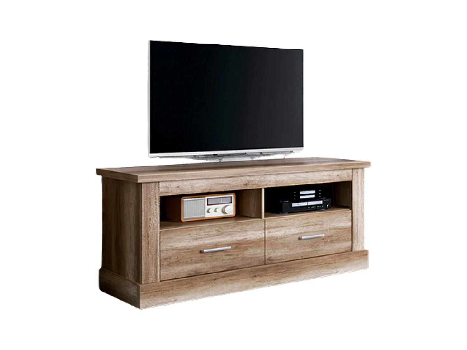 Mueble TV, Mueble de Salón Moderno, Mesa de televisión 2 Puertas y 2 Estantes, Acabado en Color Cañón, Patas de Madera,  135 cm Lar x 56,6 cm Al x 41,