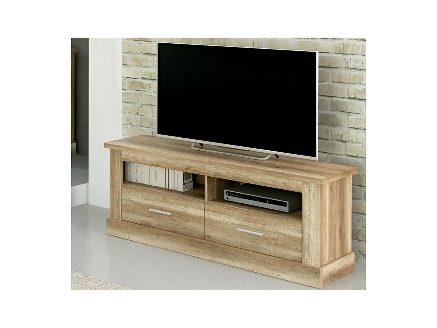 Mueble TV, Mueble de Salón Moderno, Mesa de televisión 2 Puertas y 2 Estantes, Acabado en Color Cañón, Patas de Madera,  135 cm Lar x 56,6 cm Al x 41,