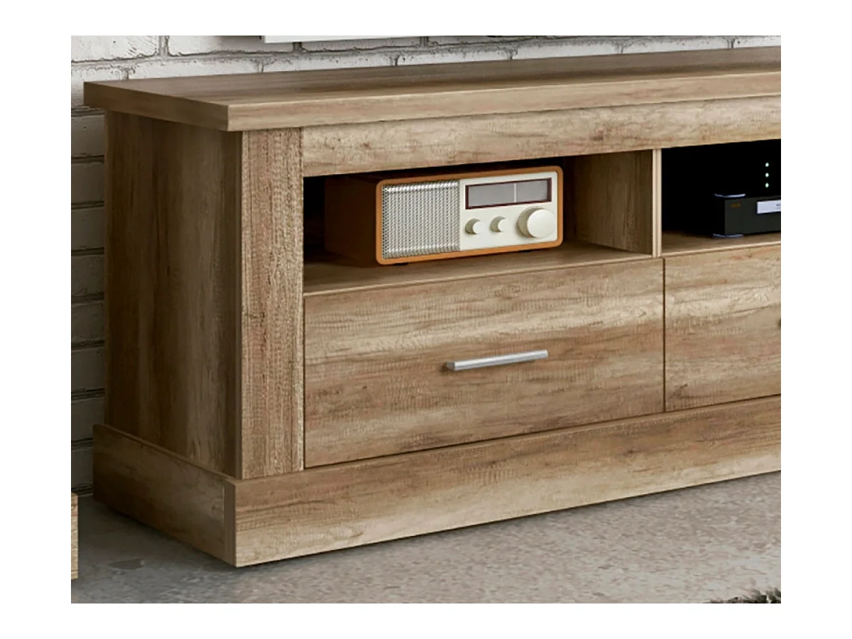 Mueble TV, Mueble de Salón Moderno, Mesa de televisión 2 Puertas y 2 Estantes, Acabado en Color Cañón, Patas de Madera,  135 cm Lar x 56,6 cm Al x 41,