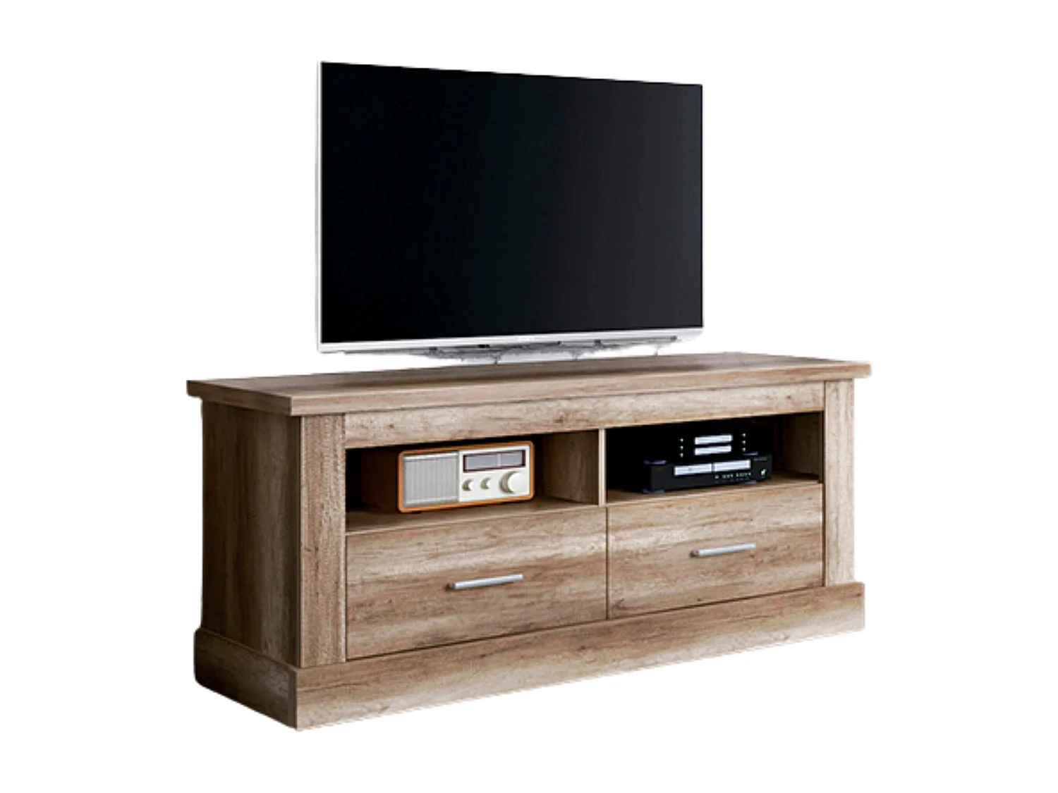 Mueble TV, Mueble de Salón Moderno, Mesa de televisión 2 Puertas y 2 Estantes, Acabado en Color Cañón, Patas de Madera,  135 cm Lar x 56,6 cm Al x 41,