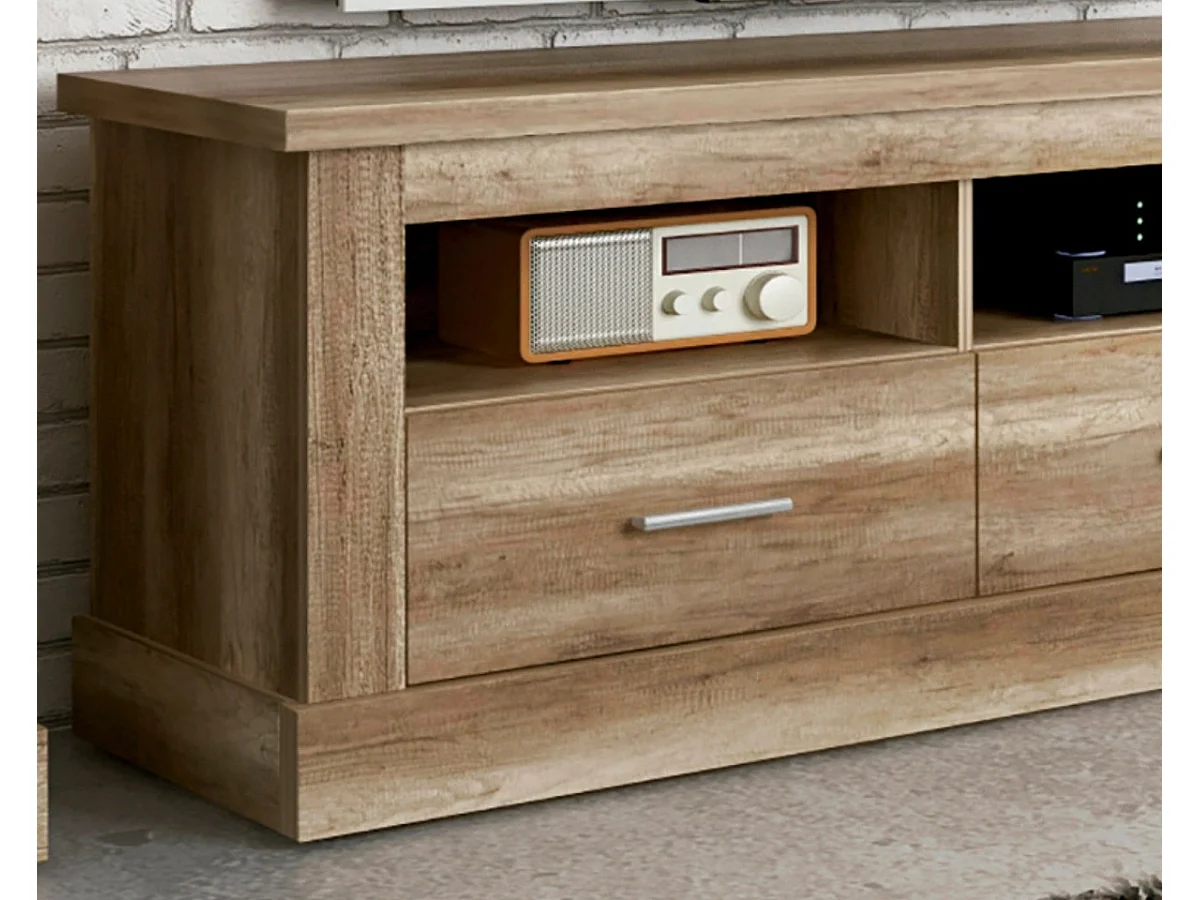 Mueble TV, Mueble de Salón Moderno, Mesa de televisión 2 Puertas y 2 Estantes, Acabado en Color Cañón, Patas de Madera,  135 cm Lar x 56,6 cm Al x 41,