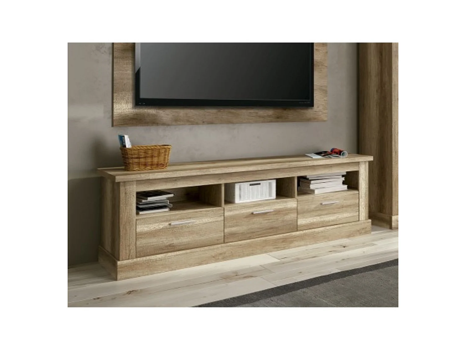 Mueble TV, Mueble de Salón Moderno, Mesa de televisión 3 Puertas y 3 Estantes, Acabado en Color Cañón, Patas de Madera,180 cm Lar x 56,6 cm Al x 41,8
