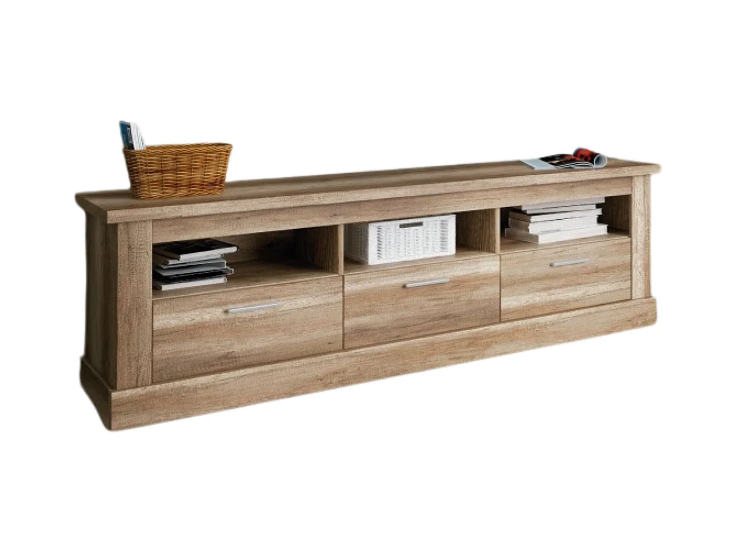 Mueble TV, Mueble de Salón Moderno, Mesa de televisión 3 Puertas y 3 Estantes, Acabado en Color Cañón, Patas de Madera,180 cm Lar x 56,6 cm Al x 41,8