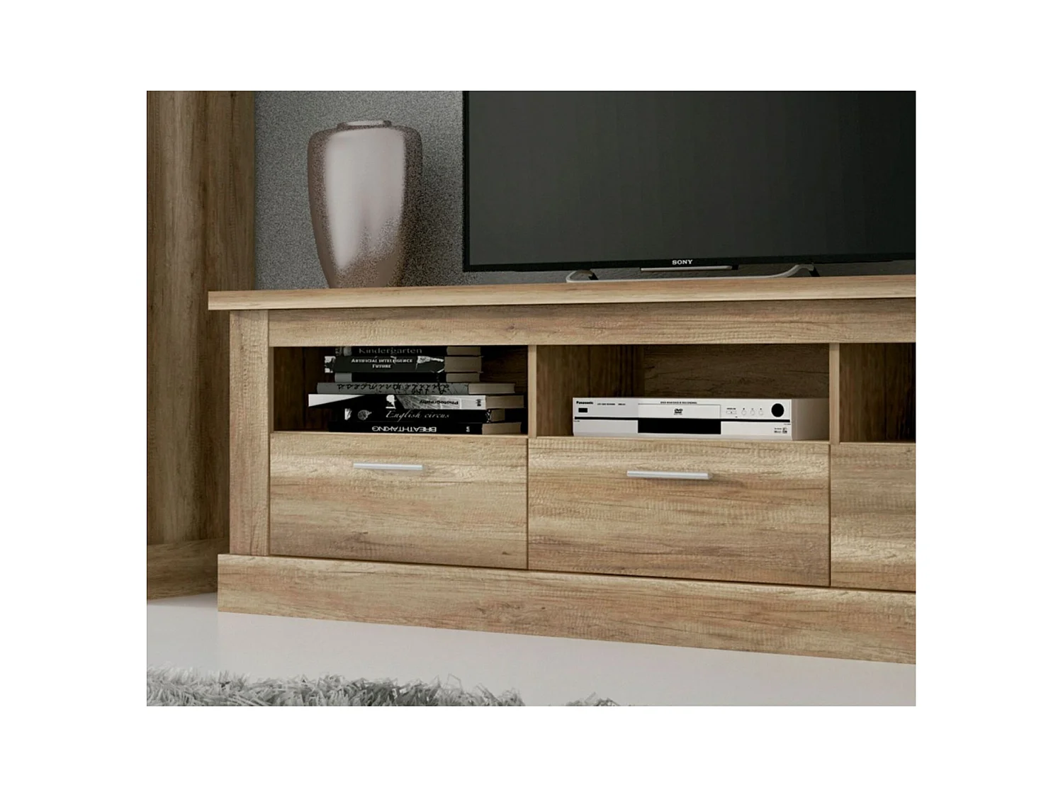 Mueble TV, Mueble de Salón Moderno, Mesa de televisión 3 Puertas y 3 Estantes, Acabado en Color Cañón, Patas de Madera,180 cm Lar x 56,6 cm Al x 41,8