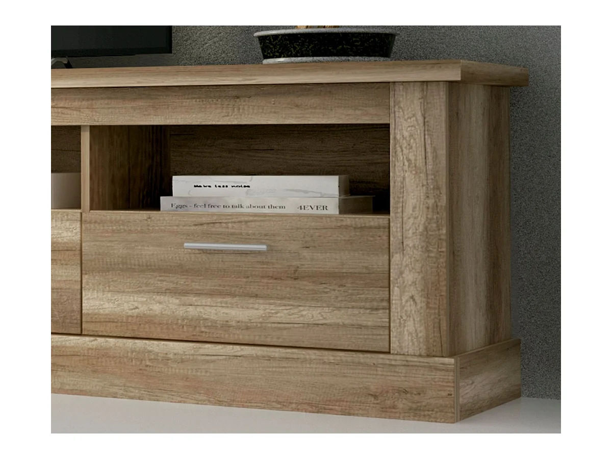 Mueble TV, Mueble de Salón Moderno, Mesa de televisión 3 Puertas y 3 Estantes, Acabado en Color Cañón, Patas de Madera,180 cm Lar x 56,6 cm Al x 41,8