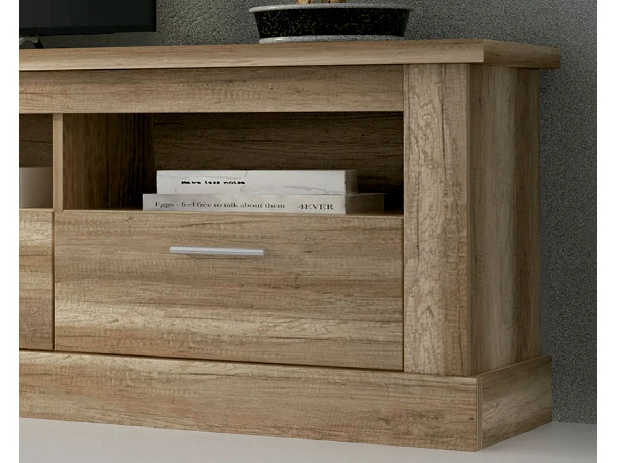 Mueble TV, Mueble de Salón Moderno, Mesa de televisión 3 Puertas y 3 Estantes, Acabado en Color Cañón, Patas de Madera,180 cm Lar x 56,6 cm Al x 41,8