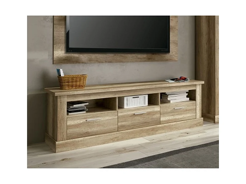 Mueble TV, Mueble de Salón Moderno, Mesa de televisión 3 Puertas y 3 Estantes, Acabado en Color Cañón, Patas de Madera,180 cm Lar x 56,6 cm Al x 41,8