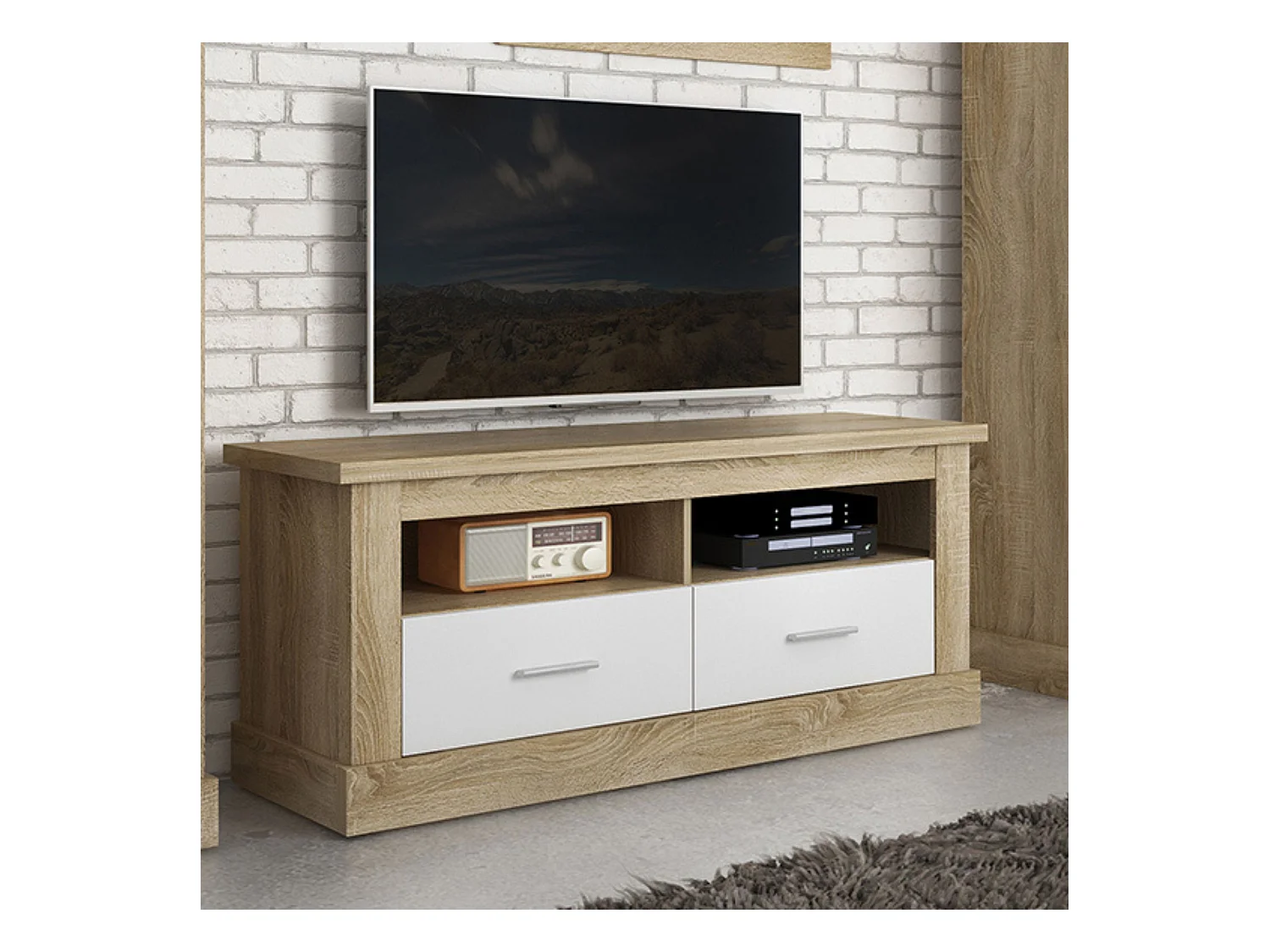Mueble TV, Mueble de Salón Moderno, Mesa de televisión 2 Puertas y 2 Estantes, Acabado en Cambria y Blanco, Patas de Madera,  135 cm Lar x 56,6 cm Al