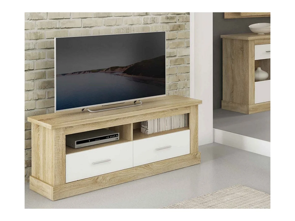 Mueble TV, Mueble de Salón Moderno, Mesa de televisión 2 Puertas y 2 Estantes, Acabado en Cambria y Blanco, Patas de Madera,  135 cm Lar x 56,6 cm Al